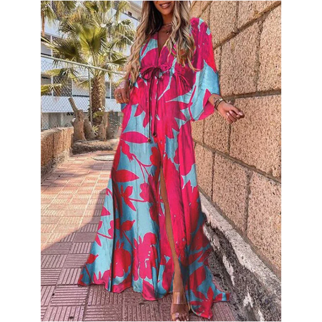 Women Maxi Dress V - Neck Maxi Length Side Slit Design - Evergreen Outfits - Women Maxi Dress