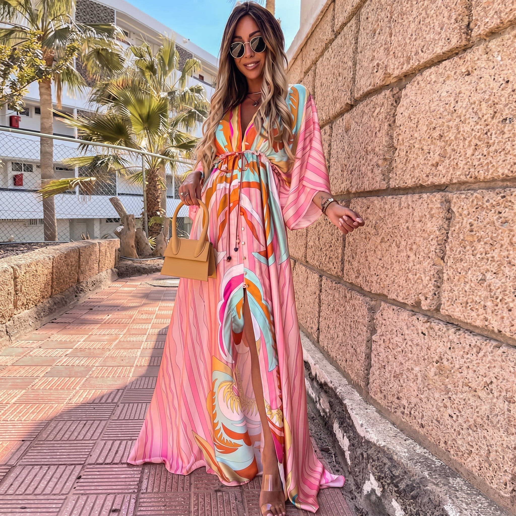 Women Maxi Dress V - Neck Maxi Length Side Slit Design - Evergreen Outfits - Women Maxi Dress