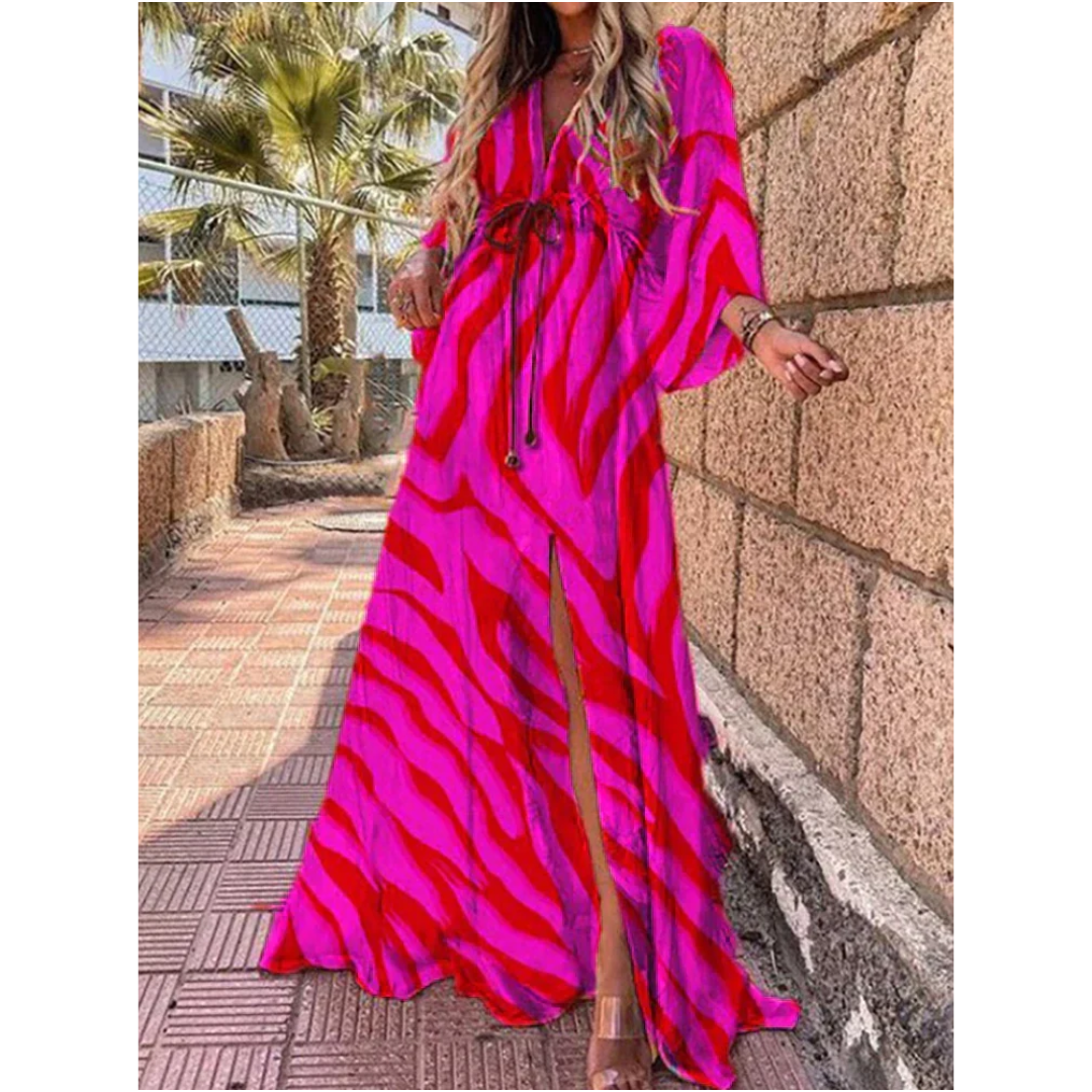 Women Maxi Dress V - Neck Maxi Length Side Slit Design - Evergreen Outfits - Women Maxi Dress