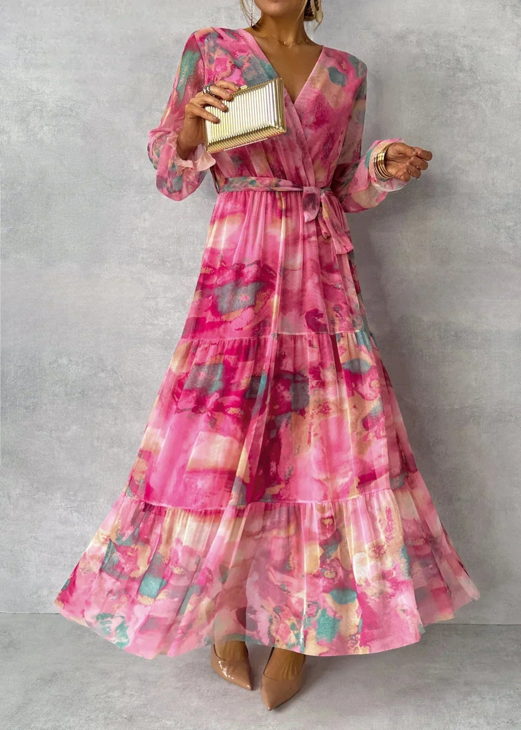 Women Maxi Dress Wrap Closure V Neck Long Sleeve - Evergreen Outfits - Women Maxi Dress