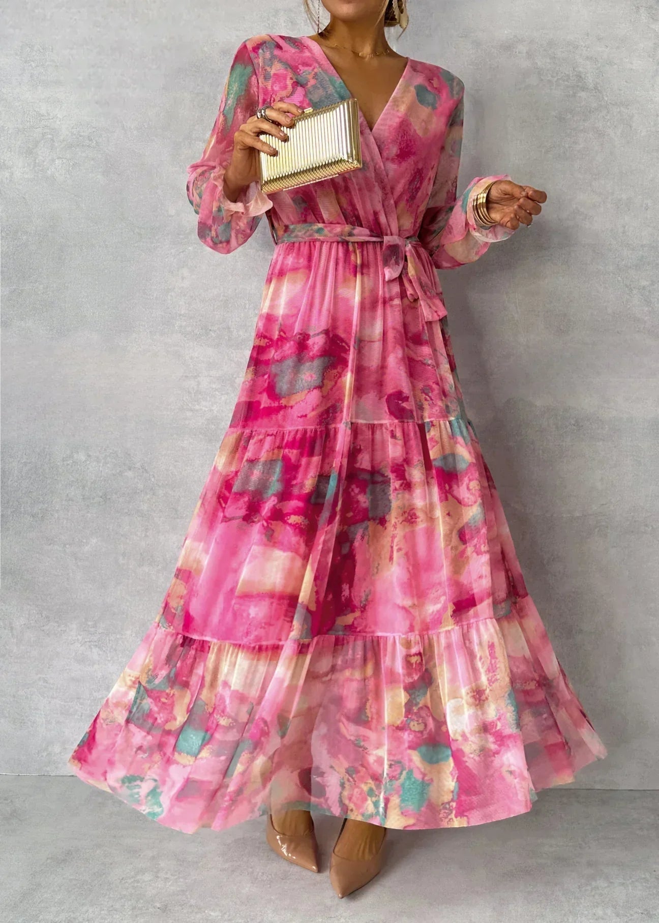 Women Maxi Dress Wrap Closure V Neck Long Sleeve - Evergreen Outfits - Women Maxi Dress