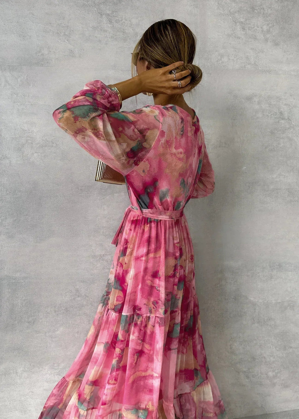 Women Maxi Dress Wrap Closure V Neck Long Sleeve - Evergreen Outfits - Women Maxi Dress