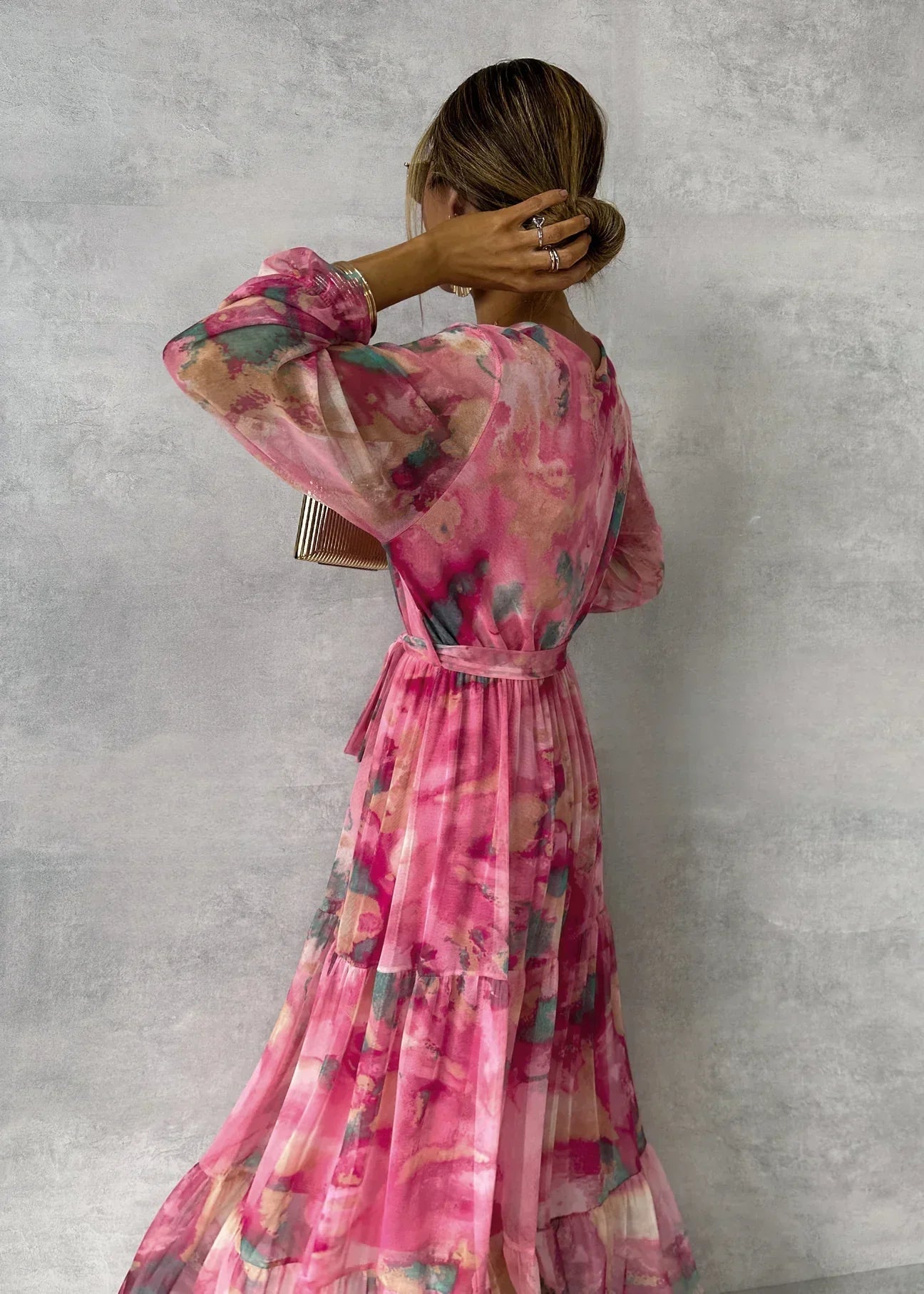 Women Maxi Dress Wrap Closure V Neck Long Sleeve - Evergreen Outfits - Women Maxi Dress