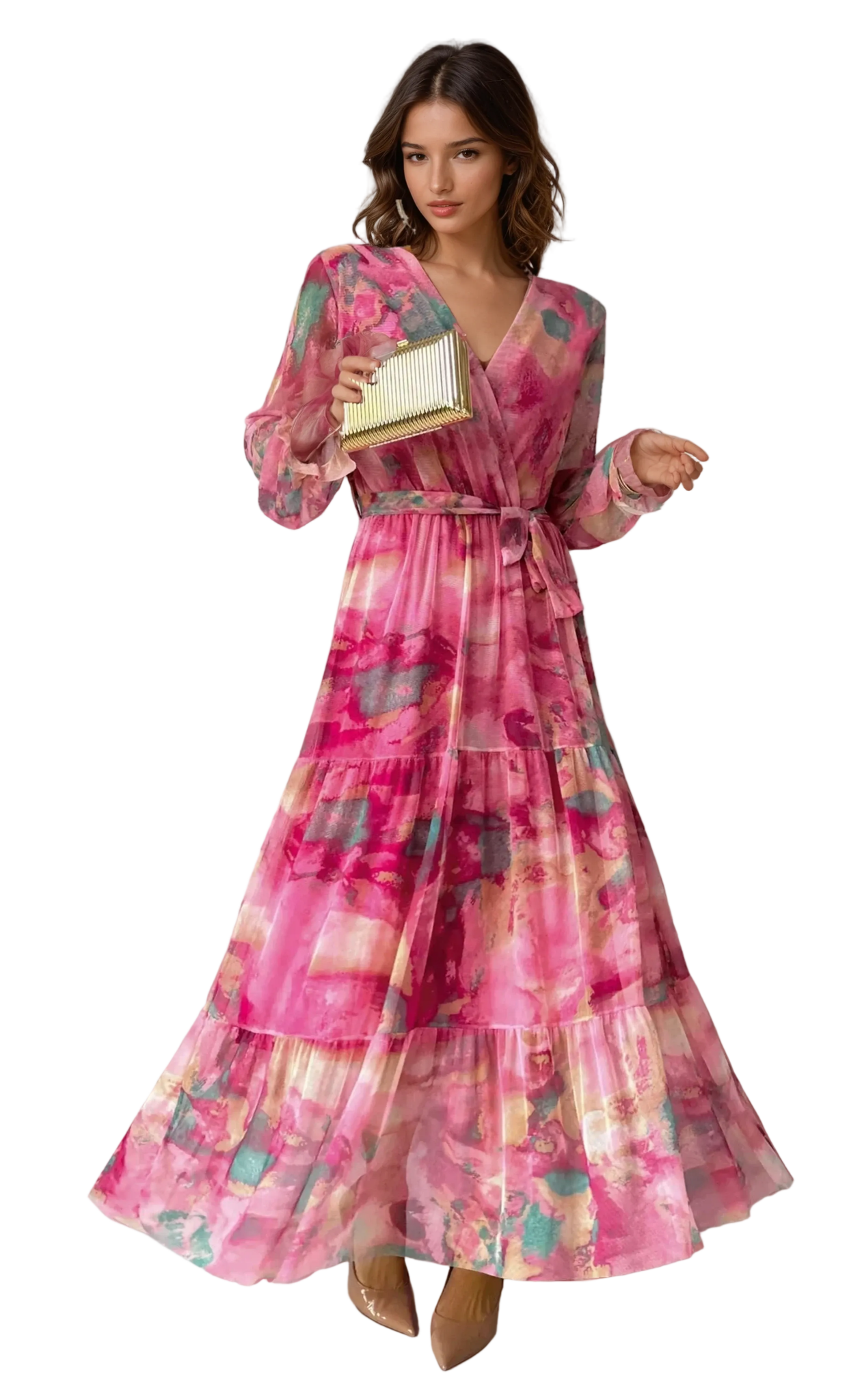 Women Maxi Dress Wrap Closure V Neck Long Sleeve - Evergreen Outfits - Women Maxi Dress