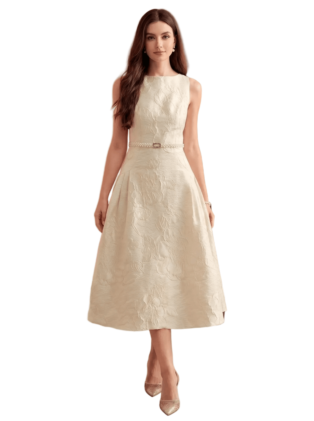 Women Midi Dress A - Line Sleeveless Boat Neck Pleated - Evergreen Outfits - Women Midi Dress