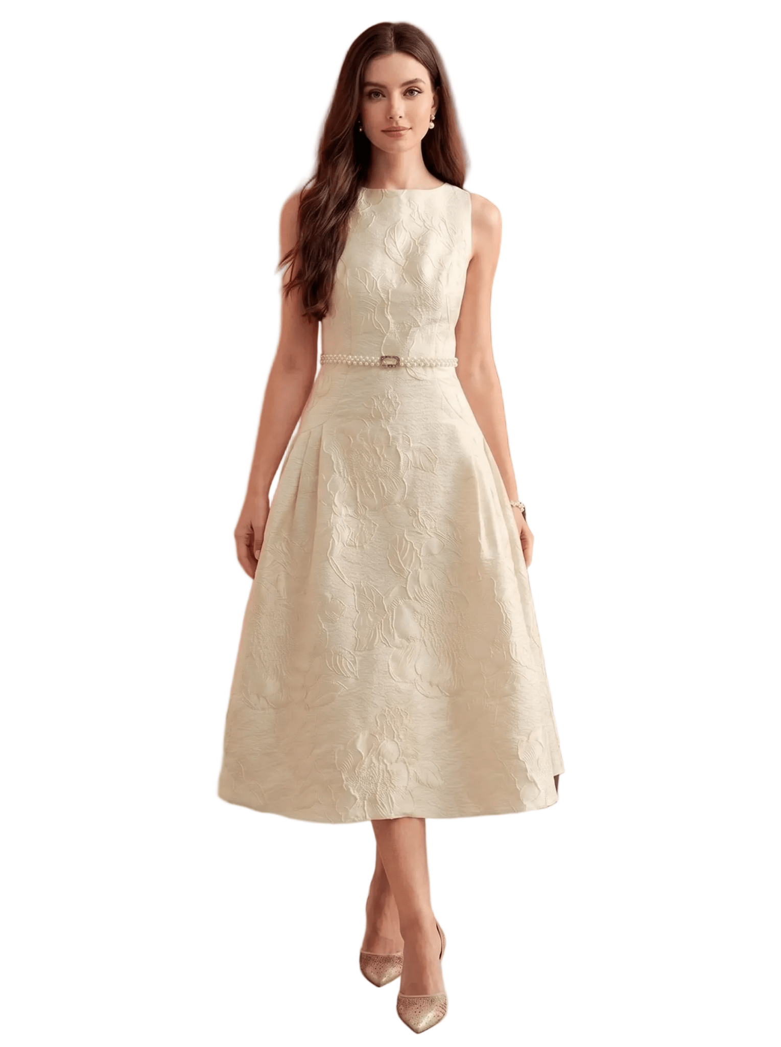 Women Midi Dress A - Line Sleeveless Boat Neck Pleated - Evergreen Outfits - Women Midi Dress