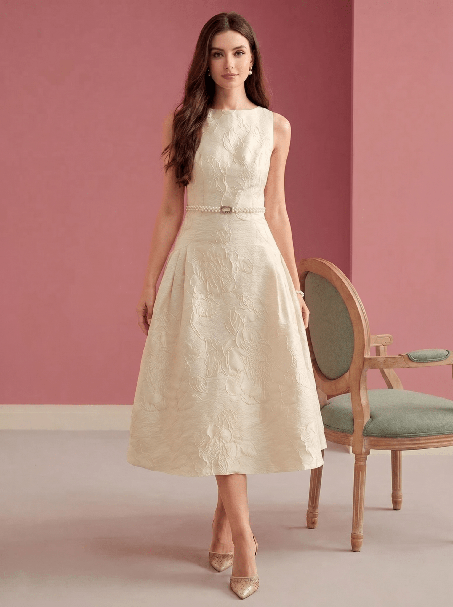 Women Midi Dress A - Line Sleeveless Boat Neck Pleated - Evergreen Outfits - Women Midi Dress