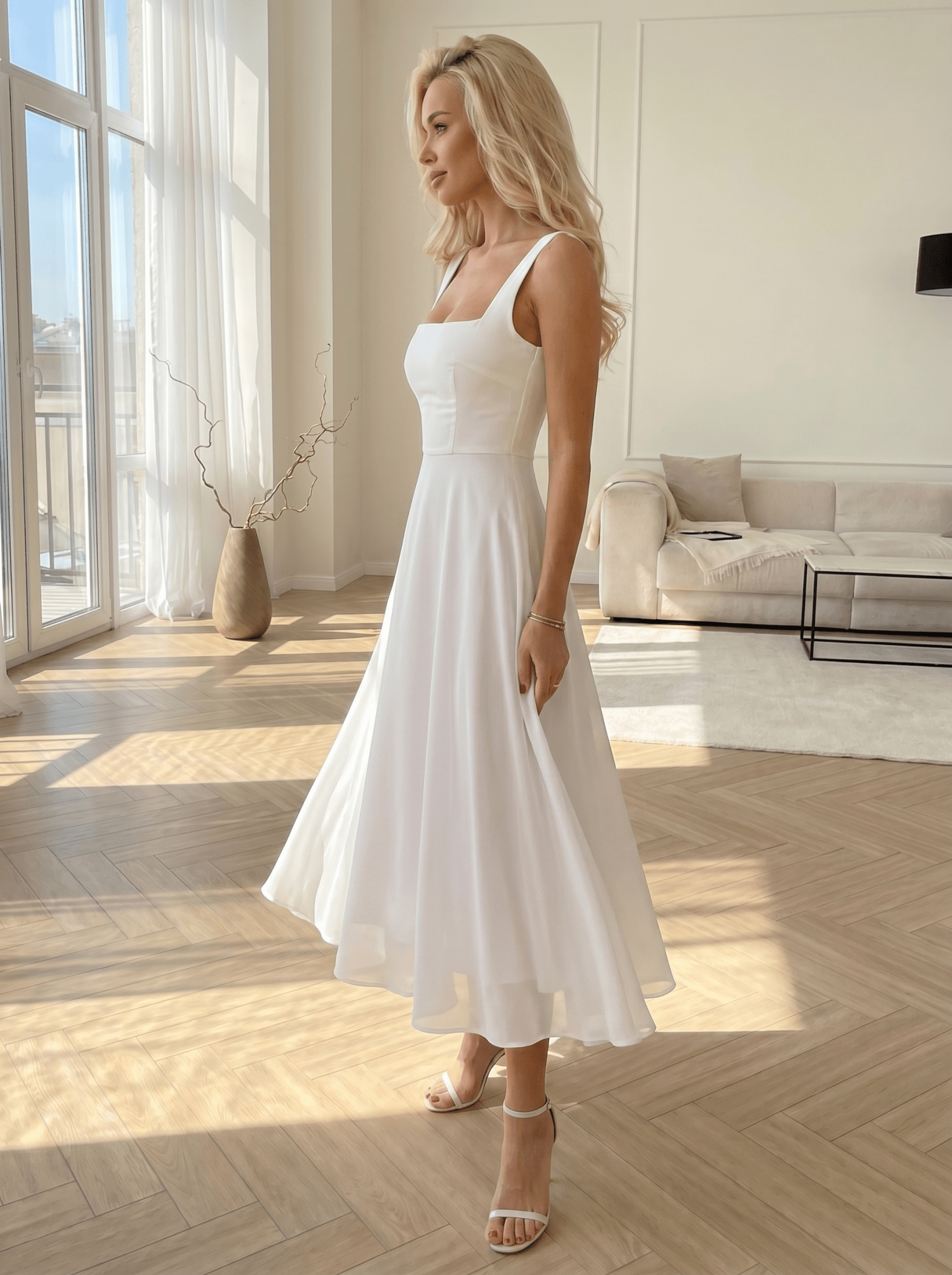 Women Midi Dress A - Line Square Neckline Structured Fit - Evergreen Outfits - Women Midi Dress