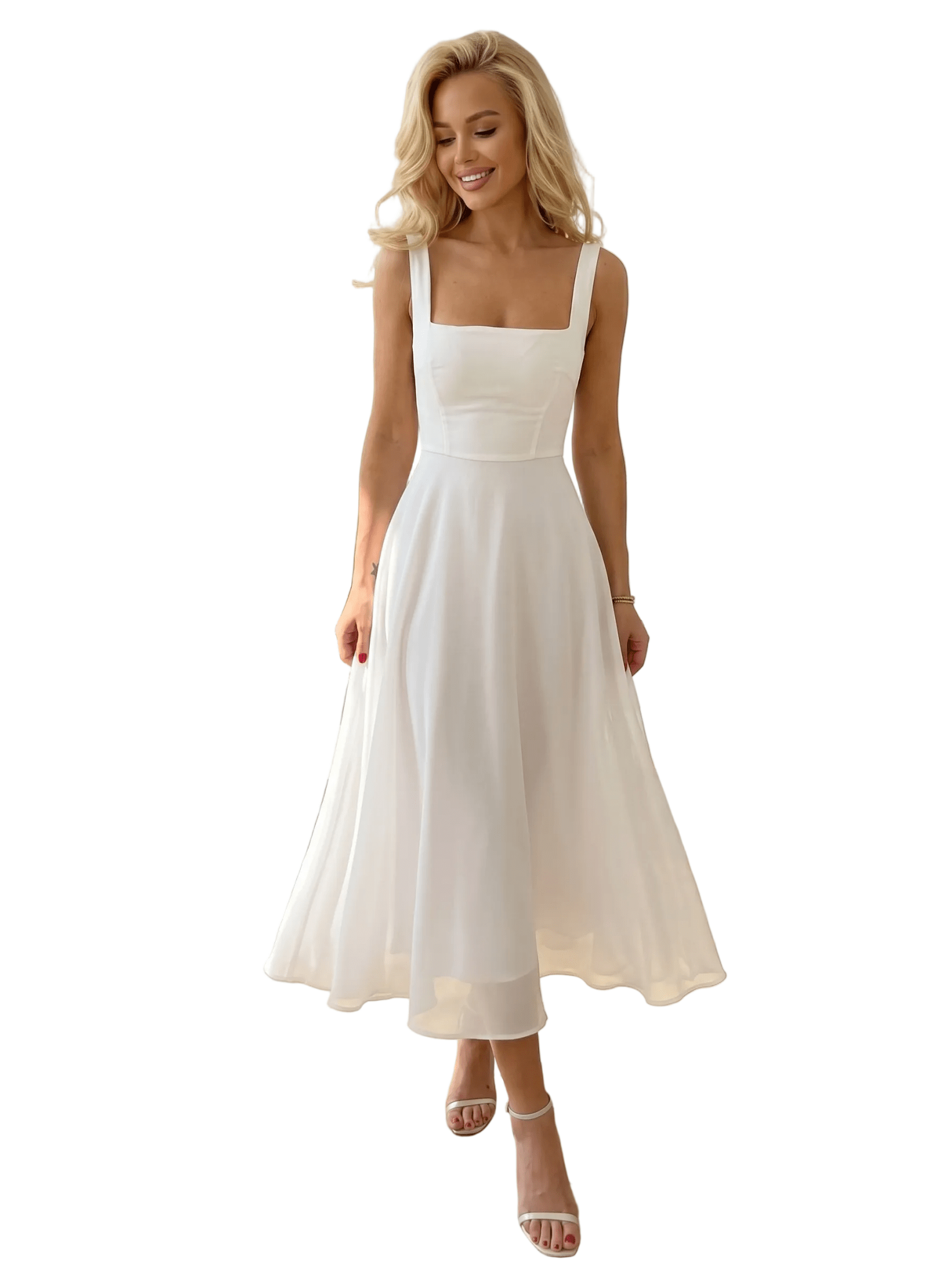 Women Midi Dress A - Line Square Neckline Structured Fit - Evergreen Outfits - Women Midi Dress