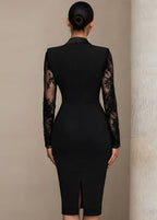Women Midi Dress Bodycon Long Sleeve Shawl Collar Fit - Evergreen Outfits - Women Midi Dress