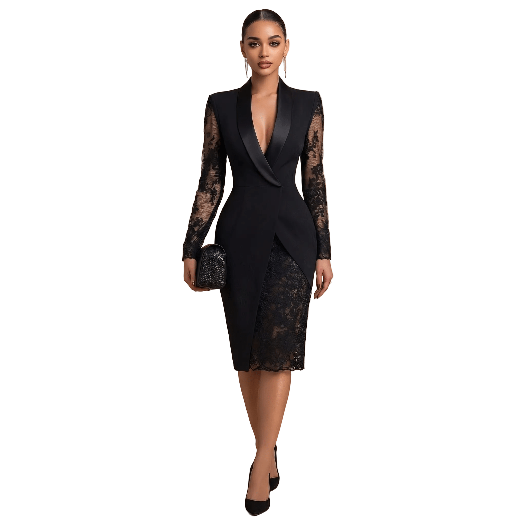 Women Midi Dress Bodycon Long Sleeve Shawl Collar Fit - Evergreen Outfits - Women Midi Dress