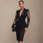 Women Midi Dress Bodycon Long Sleeve Shawl Collar Fit - Evergreen Outfits - Women Midi Dress