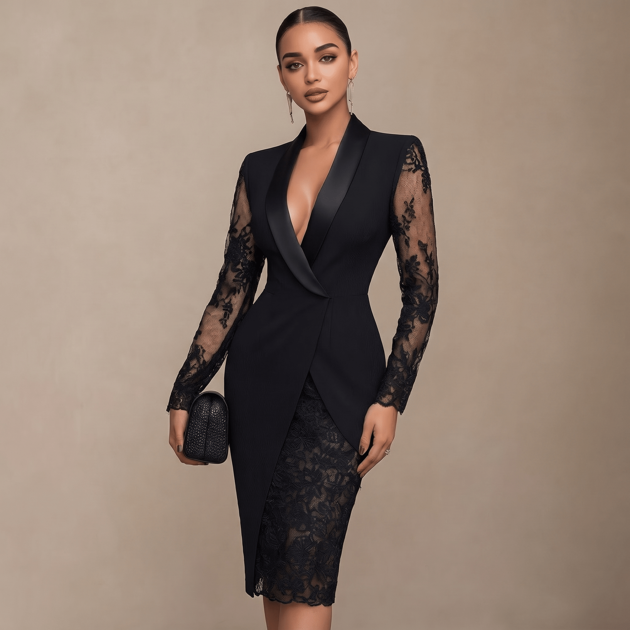 Women Midi Dress Bodycon Long Sleeve Shawl Collar Fit - Evergreen Outfits - Women Midi Dress