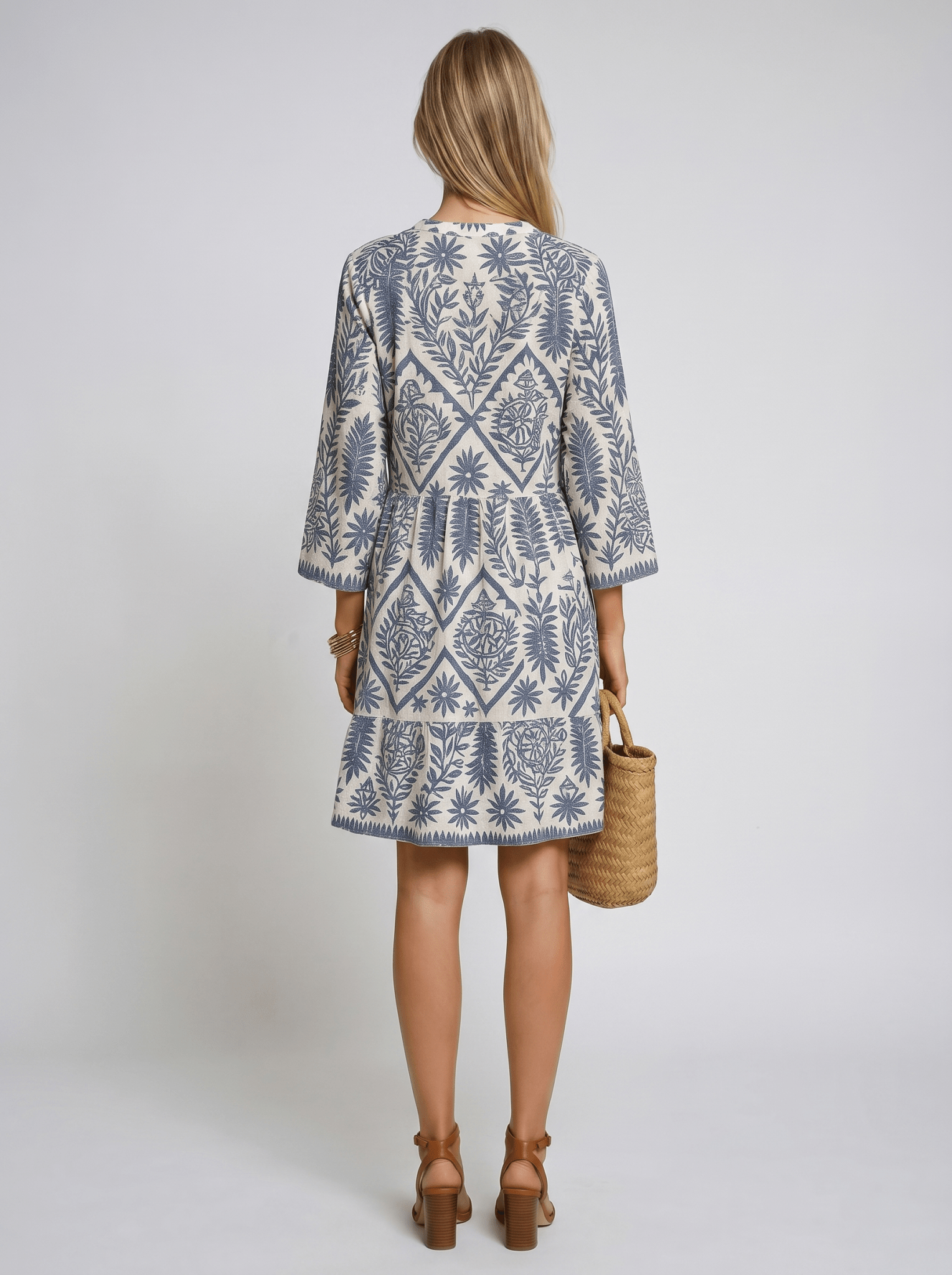 Women Midi Dress Boho Print V - Neck Short Sleeve Design - Evergreen Outfits - Women Midi Dress