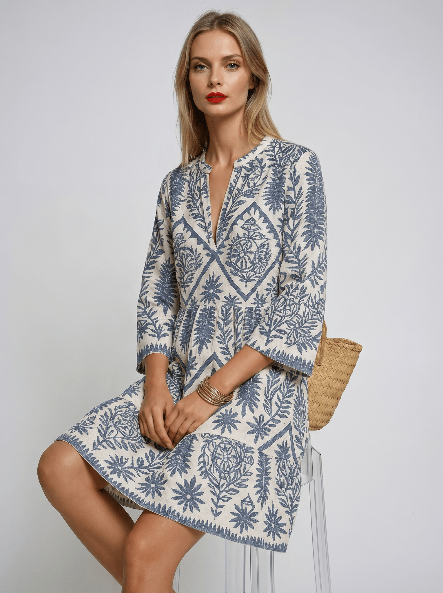 Women Midi Dress Boho Print V - Neck Short Sleeve Design - Evergreen Outfits - Women Midi Dress