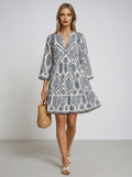 Women Midi Dress Boho Print V - Neck Short Sleeve Design - Evergreen Outfits - Women Midi Dress