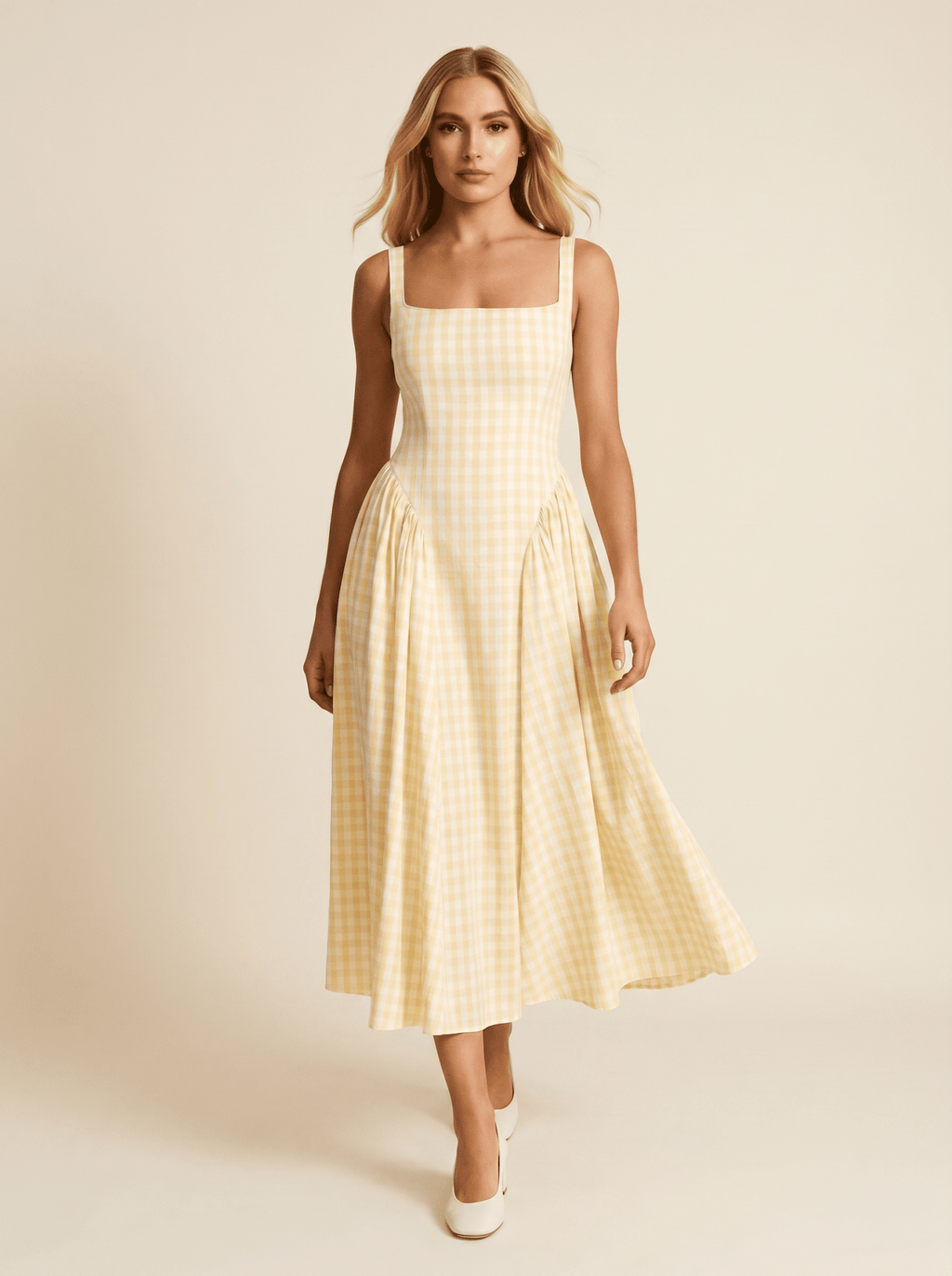 Women Midi Dress Checked Fitted Top Flared Skirt Design - Evergreen Outfits- Women Midi Dress