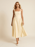 Women Midi Dress Checked Fitted Top Flared Skirt Design - Evergreen Outfits- Women Midi Dress