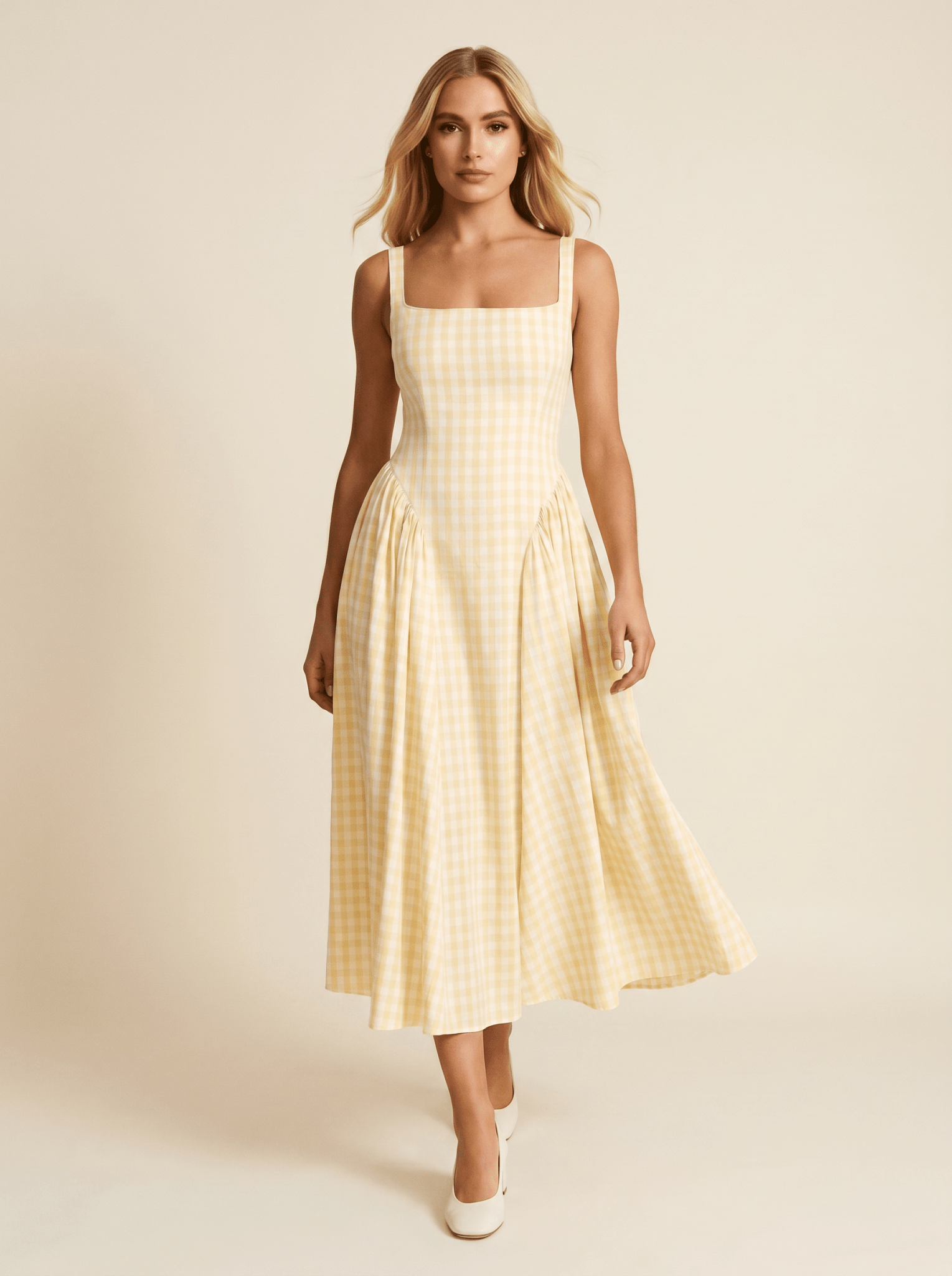 Women Midi Dress Checked Fitted Top Flared Skirt Design - Evergreen Outfits- Women Midi Dress