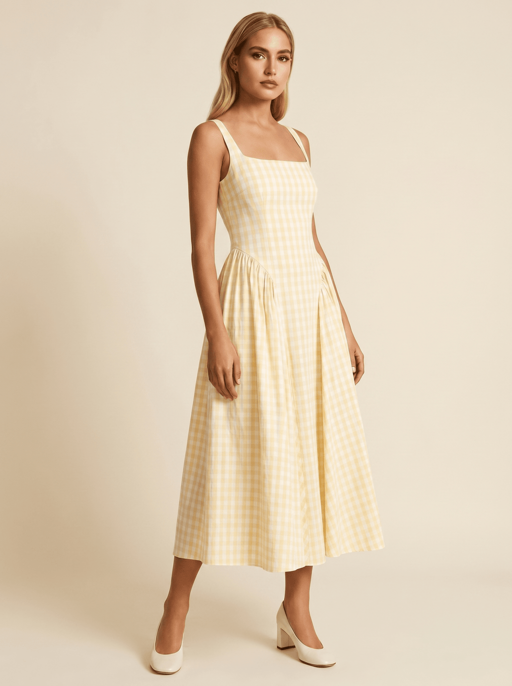 Women Midi Dress Checked Fitted Top Flared Skirt Design - Evergreen Outfits- Women Midi Dress