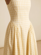 Women Midi Dress Checked Fitted Top Flared Skirt Design - Evergreen Outfits- Women Midi Dress