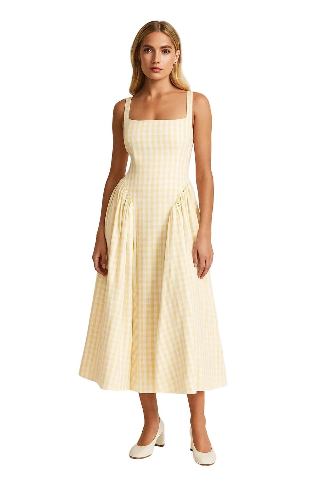 Women Midi Dress Checked Fitted Top Flared Skirt Design - Evergreen Outfits- Women Midi Dress