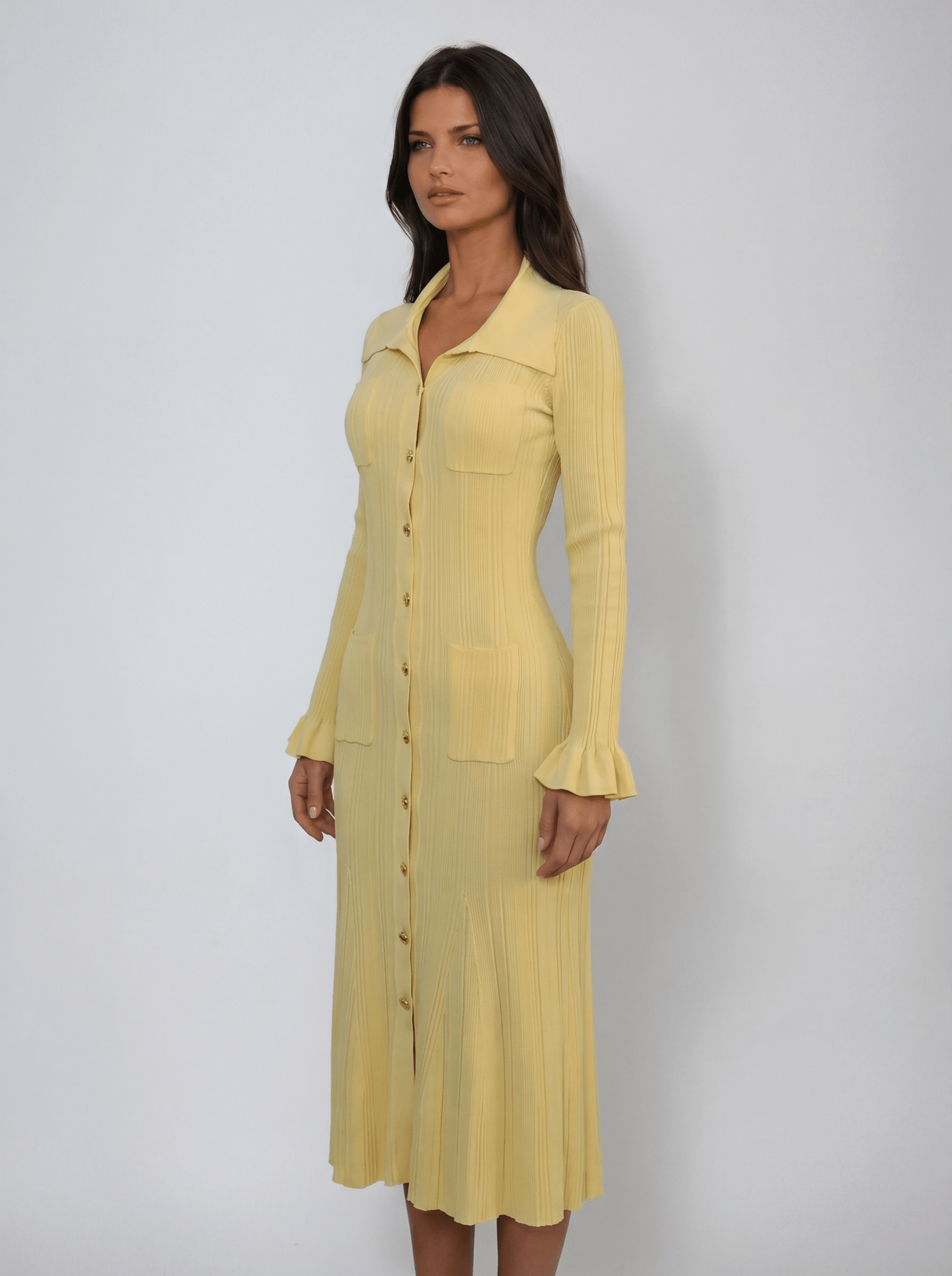 Women Midi Dress Collared Neck Button Closure Ruffle Detail - Evergreen Outfits - Women Midi Dress