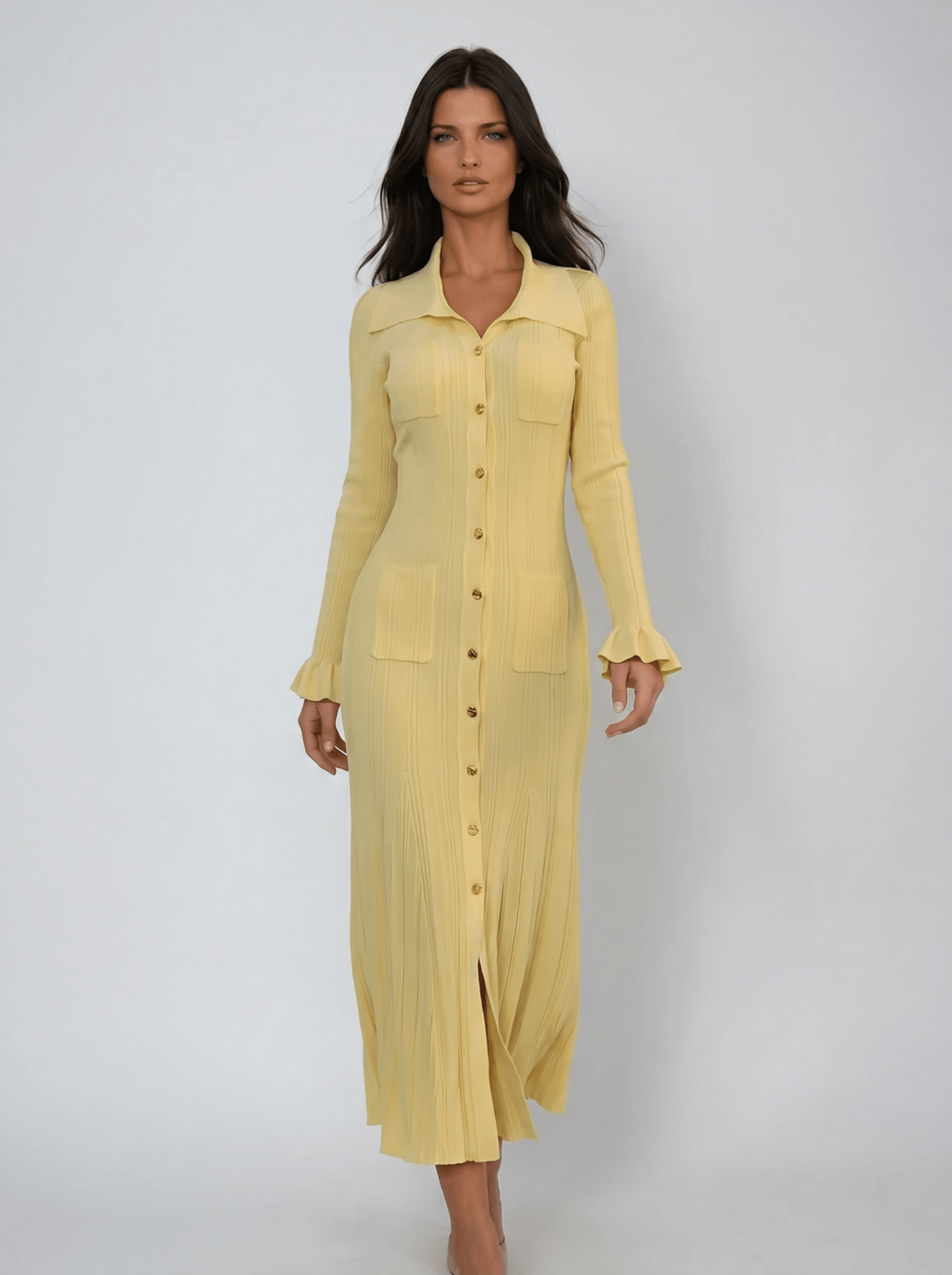 Women Midi Dress Collared Neck Button Closure Ruffle Detail - Evergreen Outfits - Women Midi Dress