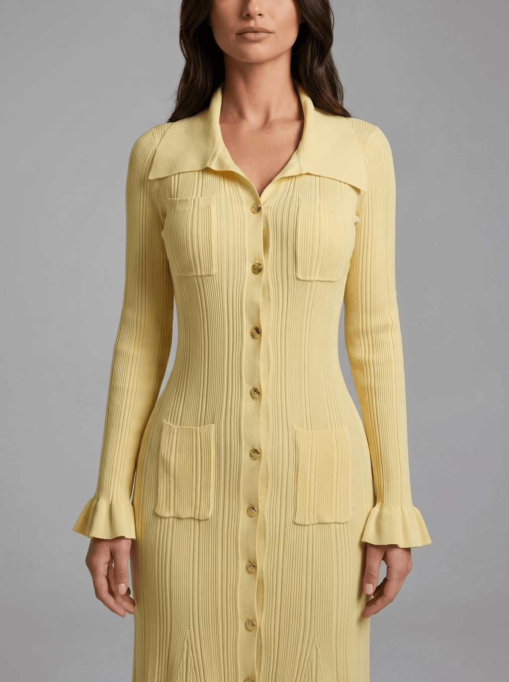 Women Midi Dress Collared Neck Button Closure Ruffle Detail - Evergreen Outfits - Women Midi Dress