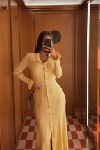 Women Midi Dress Collared Neck Button Closure Ruffle Detail - Evergreen Outfits - Women Midi Dress