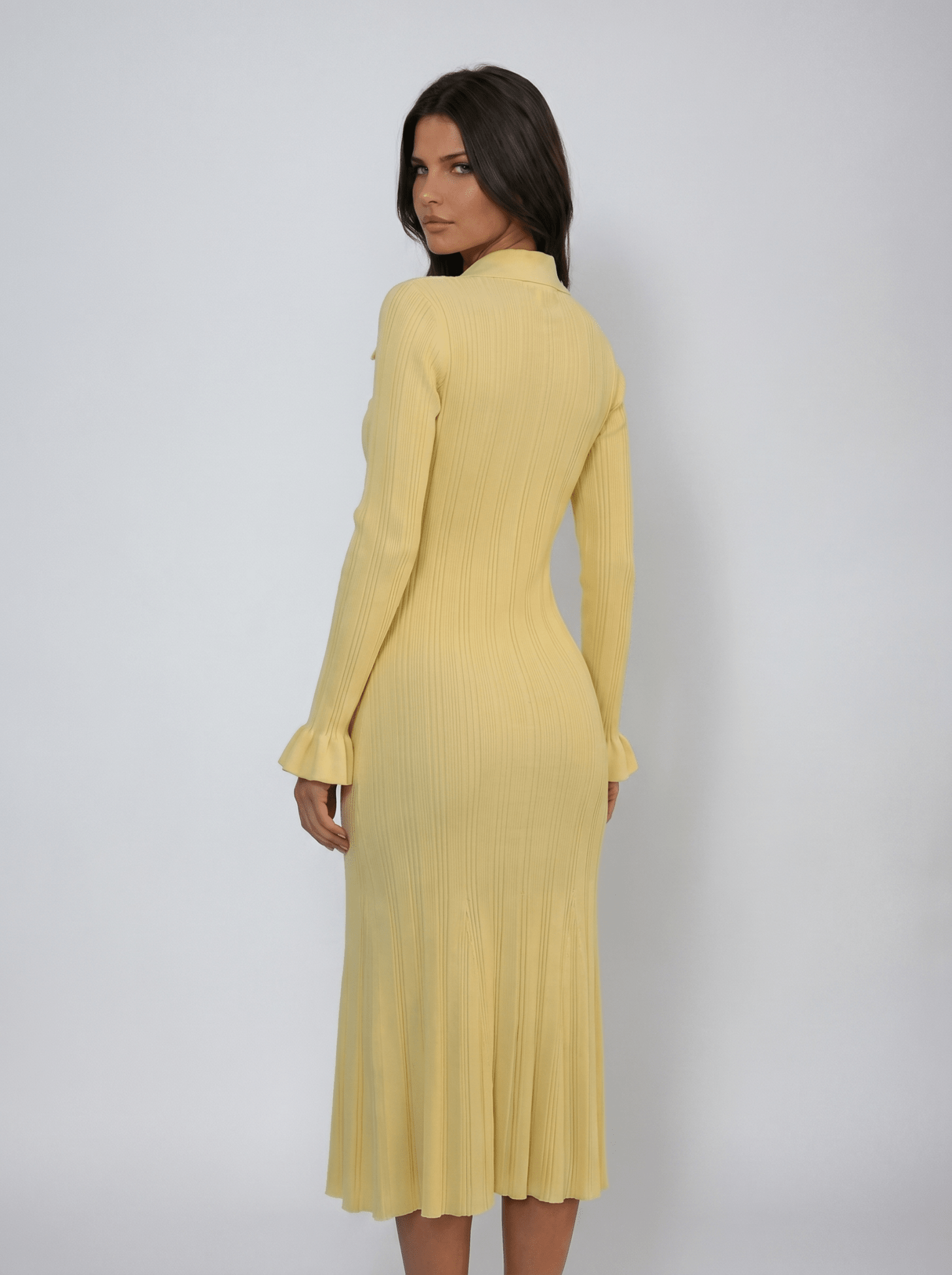 Women Midi Dress Collared Neck Button Closure Ruffle Detail - Evergreen Outfits - Women Midi Dress