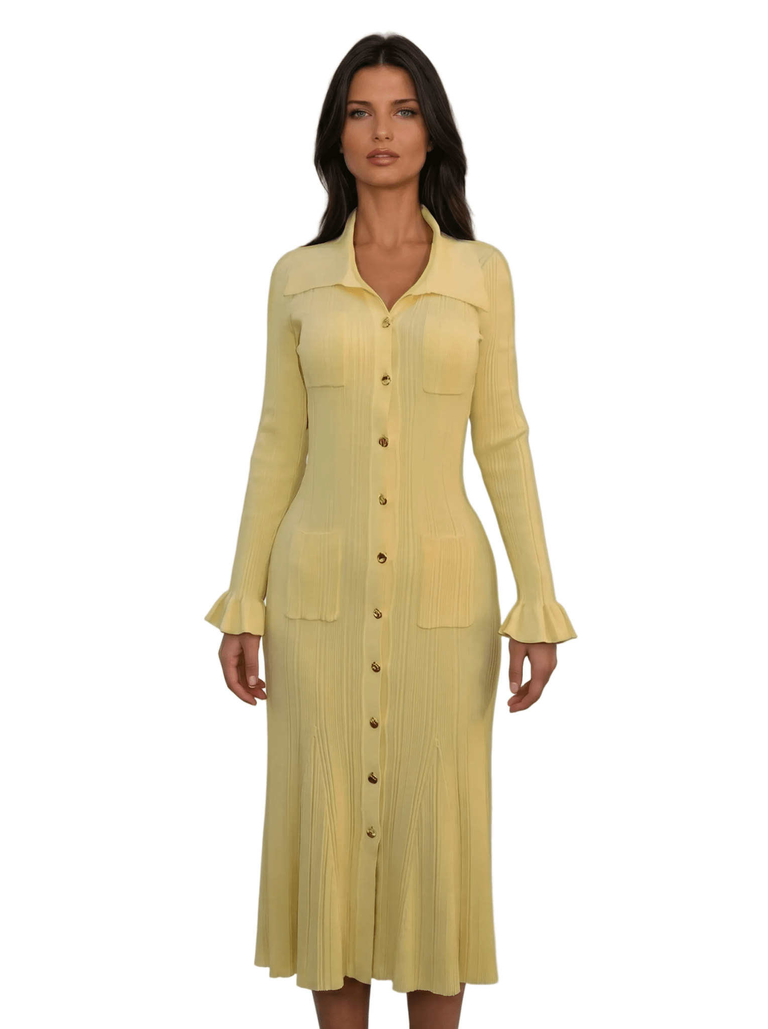 Women Midi Dress Collared Neck Button Closure Ruffle Detail - Evergreen Outfits - Women Midi Dress