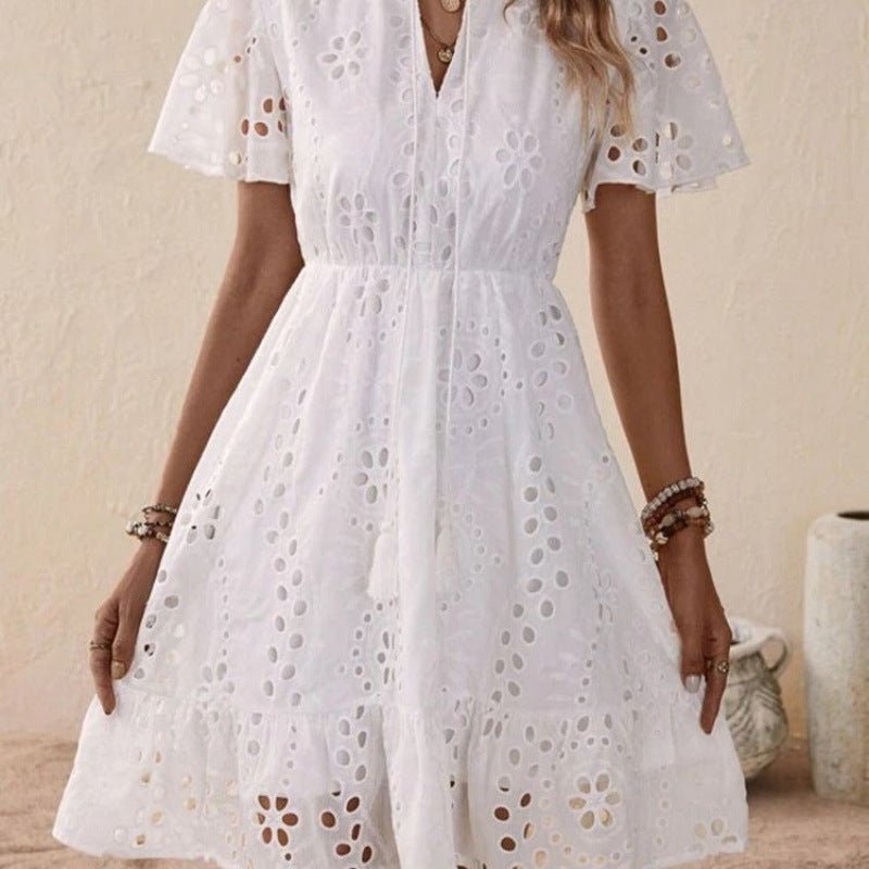 Women Midi Dress Embroidered V-Neck Tie Short Sleeve Style - Evergreen Outfits- Women Midi Dress