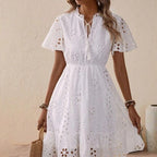 Women Midi Dress Embroidered V-Neck Tie Short Sleeve Style - Evergreen Outfits- Women Midi Dress