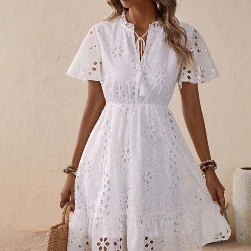 Women Midi Dress Embroidered V-Neck Tie Short Sleeve Style - Evergreen Outfits- Women Midi Dress