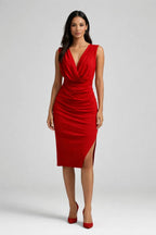 Women Midi Dress Fitted V - Neck Draped Design Silhouette - Evergreen Outfits - Women Midi Dress