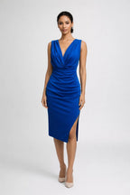 Women Midi Dress Fitted V - Neck Draped Design Silhouette - Evergreen Outfits - Women Midi Dress