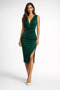 Women Midi Dress Fitted V - Neck Draped Design Silhouette - Evergreen Outfits - Women Midi Dress
