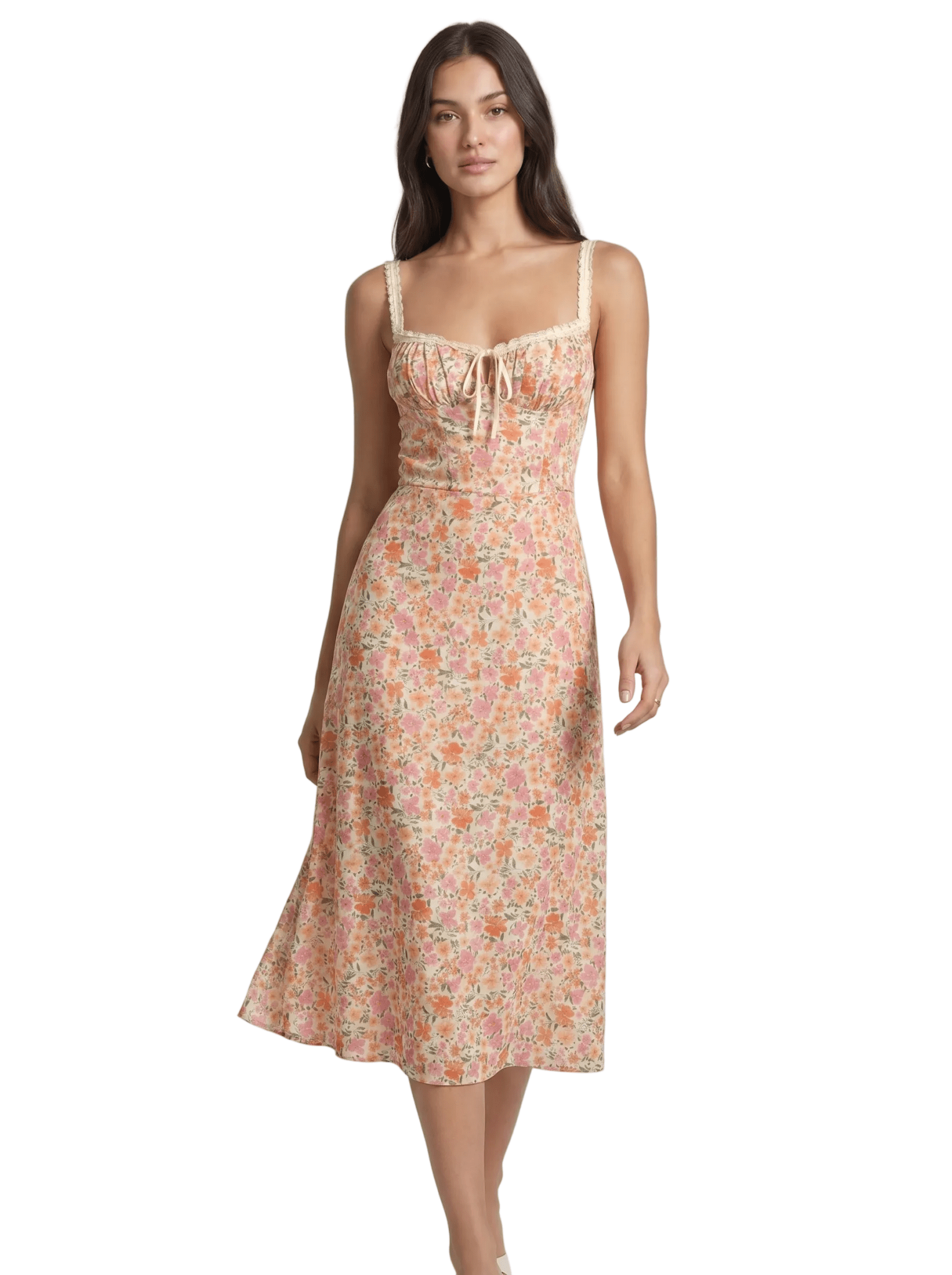Women Midi Dress Floral Print Lace - Up V - Neck Fitted - Evergreen Outfits - Women Midi Dress