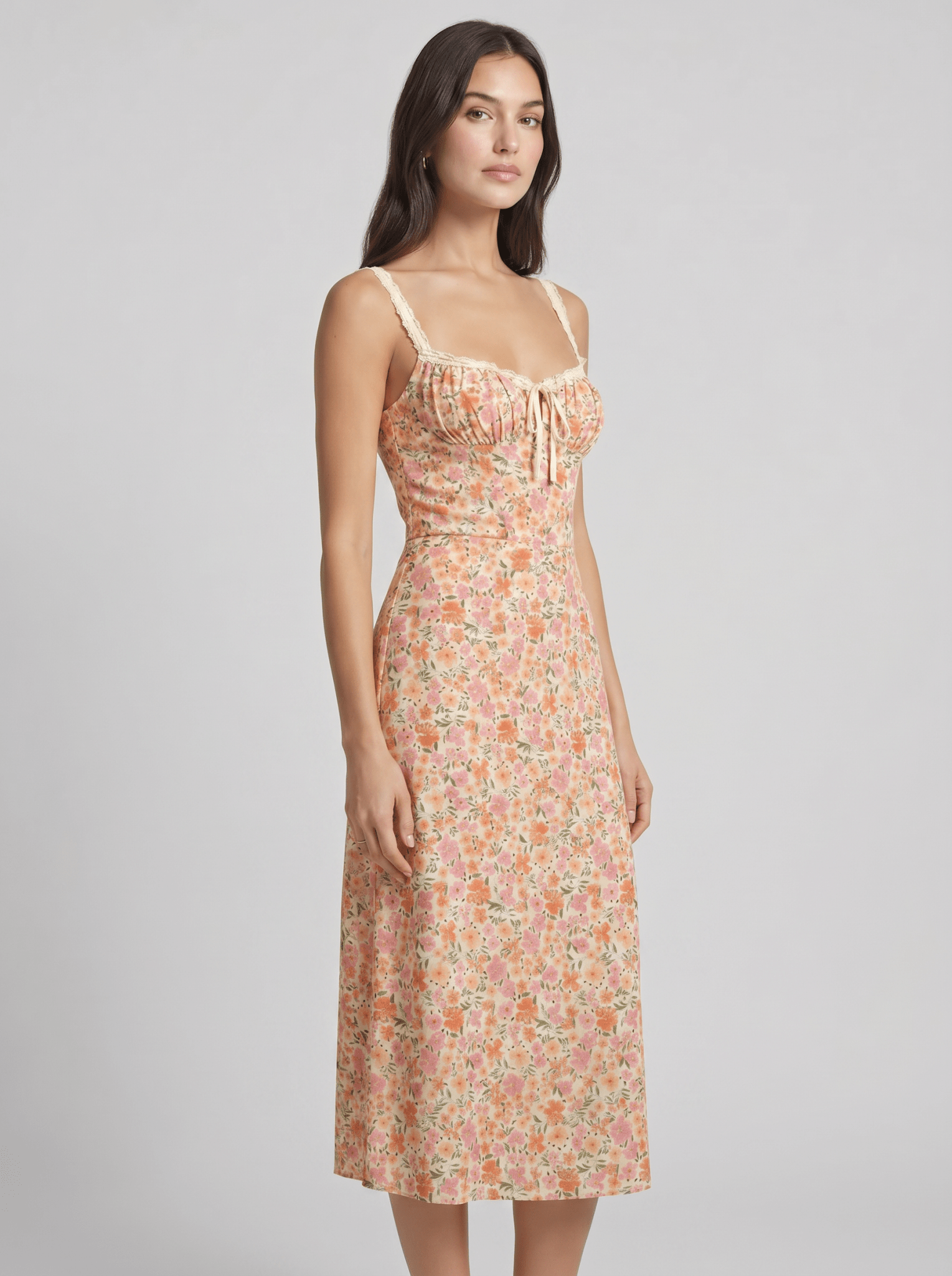 Women Midi Dress Floral Print Lace - Up V - Neck Fitted - Evergreen Outfits - Women Midi Dress