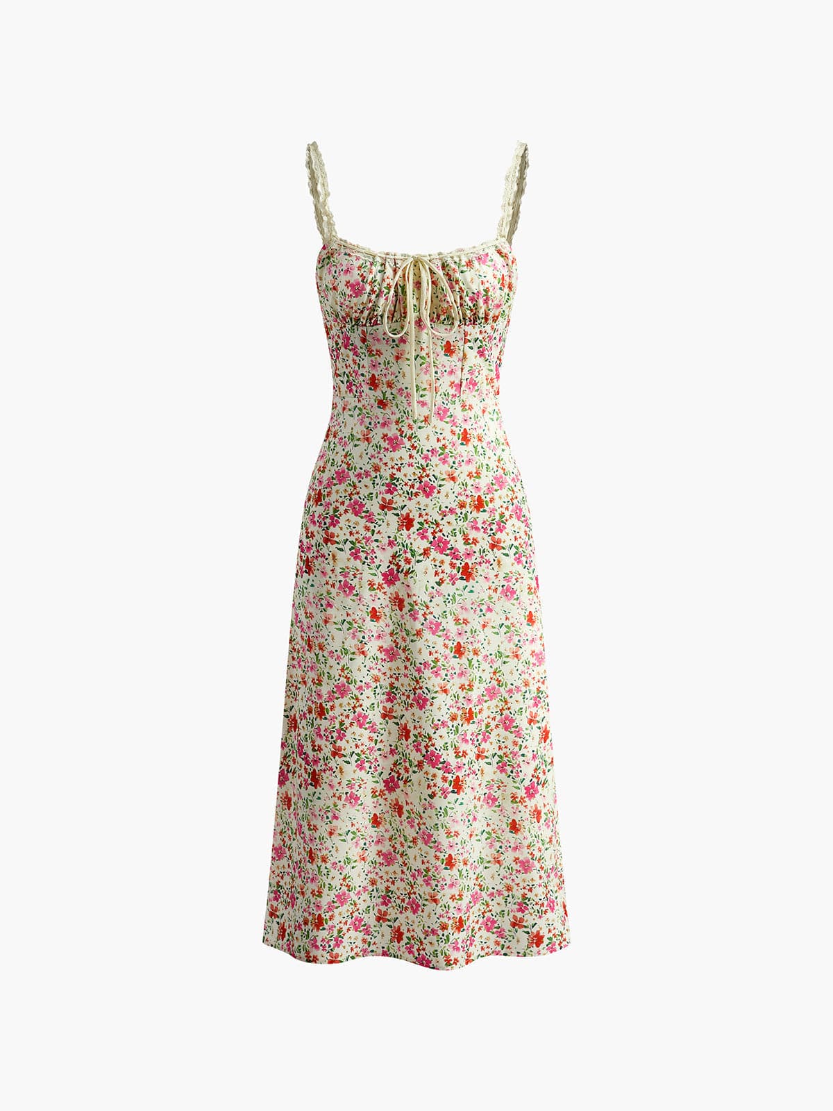 Women Midi Dress Floral Print Lace - Up V - Neck Fitted - Evergreen Outfits - Women Midi Dress