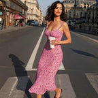 Women Midi Dress Floral Print Ruffle Strap Sleeveless - Evergreen Outfits - Women Midi Dress