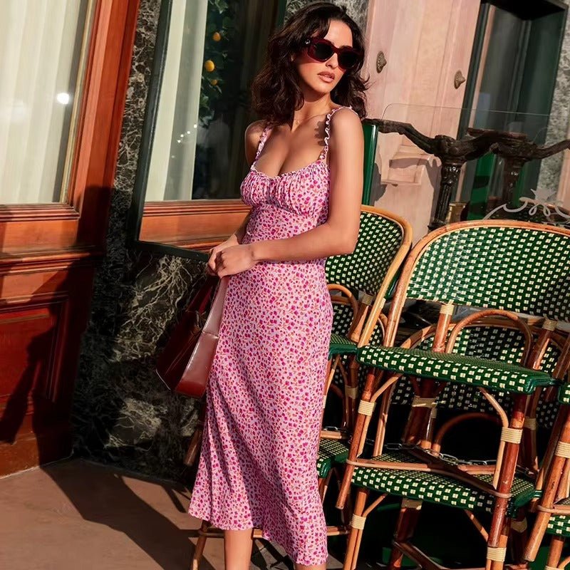 Women Midi Dress Floral Print Ruffle Strap Sleeveless - Evergreen Outfits - Women Midi Dress