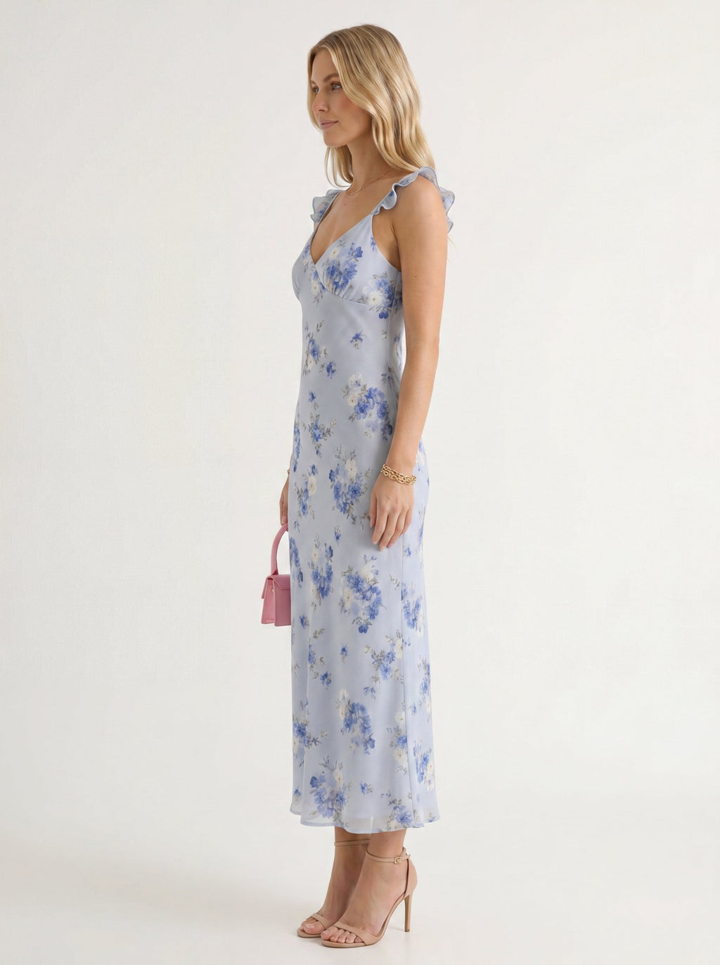 Women Midi Dress Floral Print V Neck Backless Straps - Evergreen Outfits - Women Midi Dress