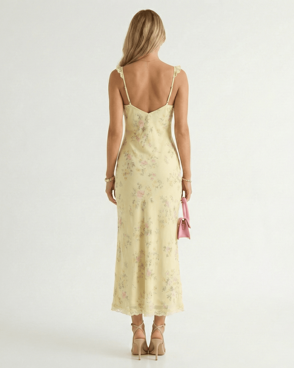 Women Midi Dress Floral Print V Neck Backless Straps - Evergreen Outfits - Women Midi Dress