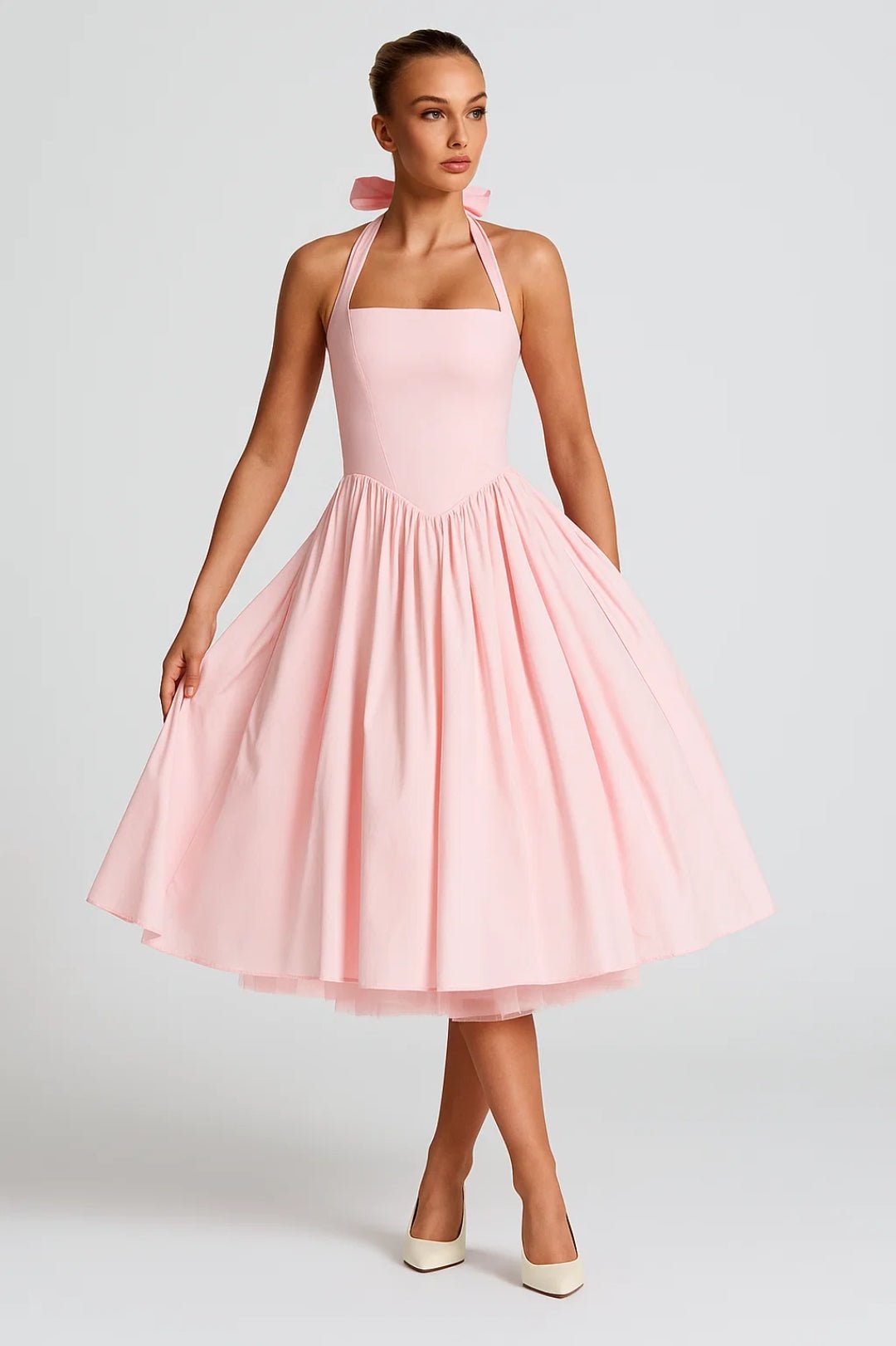 Women's Halter Neck Midi Dress Sleeveless Fitted Flared Evergreen Outfits Light pink / XL Women's Halter Neck Midi Dress Sleeveless Fitted Flared Evergreen Outfits Light pink / XL