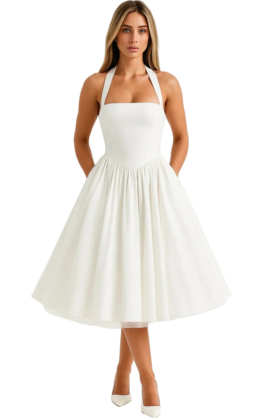 Women Midi Dress Halter Neck Sleeveless Fitted Flared - Evergreen Outfits - Women Midi Dress
