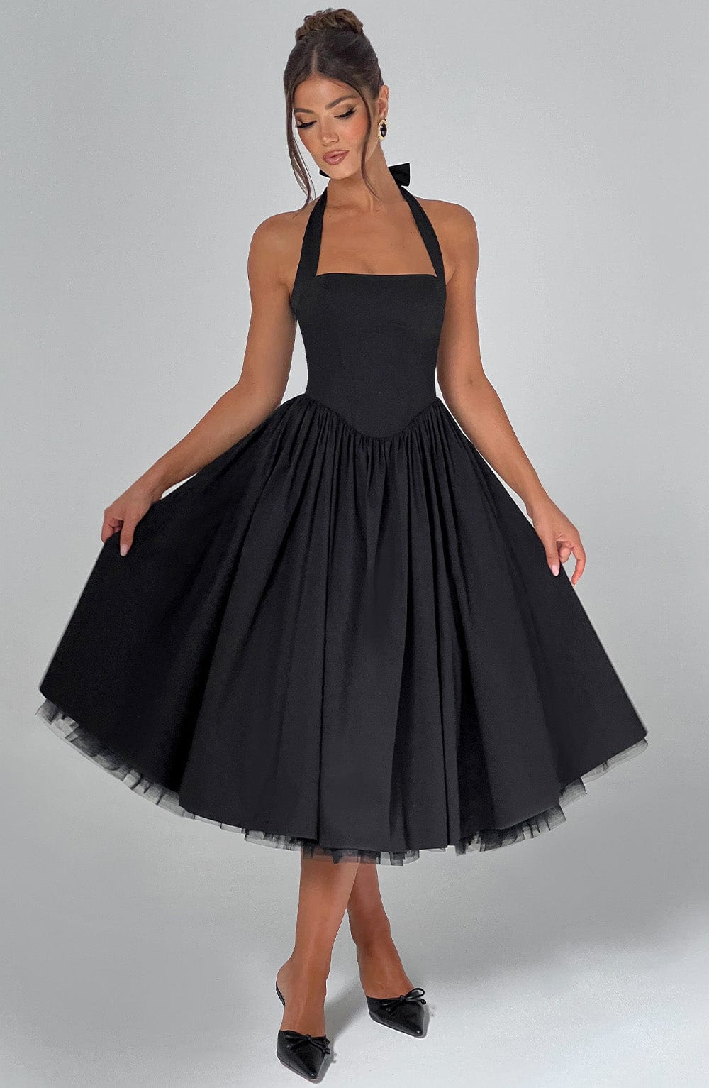 Women Midi Dress Halter Neckline Flared Skirt Sleeveless - Evergreen Outfits - Women Midi Dress