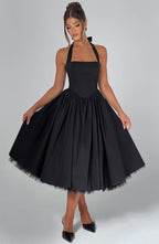 Women Midi Dress Halter Neckline Flared Skirt Sleeveless - Evergreen Outfits - Women Midi Dress