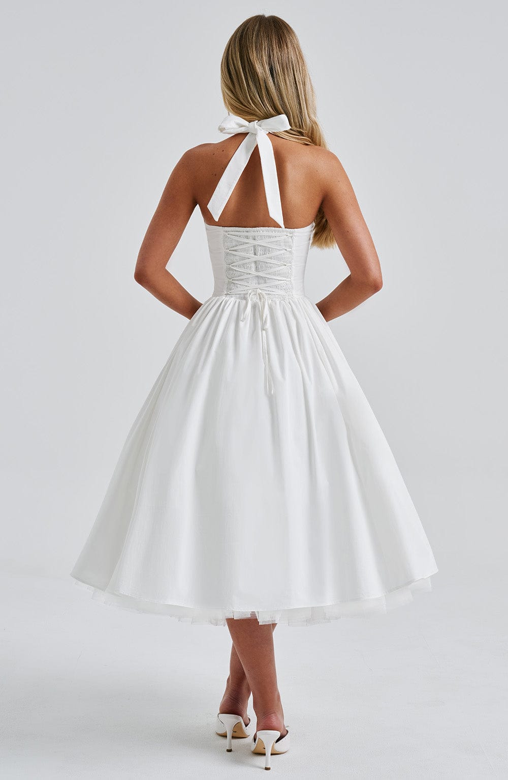 Women Midi Dress Halter Neckline Flared Skirt Sleeveless - Evergreen Outfits - Women Midi Dress